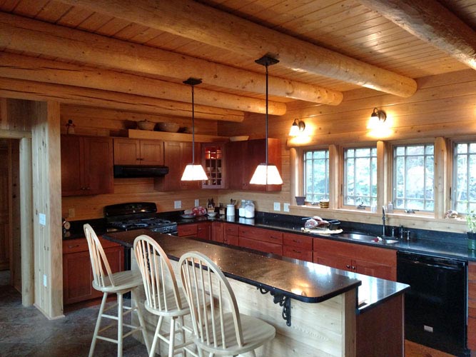 Madison Log Home Kitchen with bar