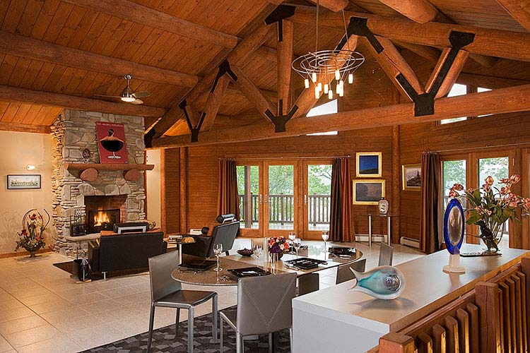 Large log truss in Great Room